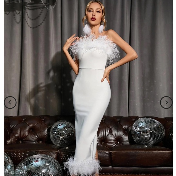 White Strapless Feather Trim Evening Dress Glamour - Size M - Picture 1 of 4